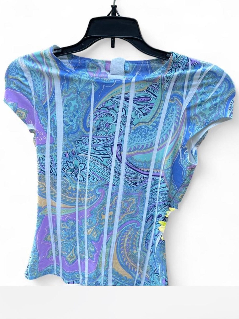 Paisley Print Short Sleeve Top - Blue & Purple xtra small. Fitted.
